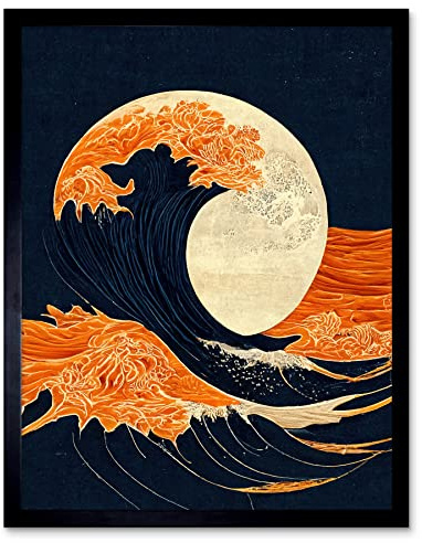 Wee Blue Coo The Great Wave at Full Moon Modern Japanese Seascape Woodblock Art Print Framed Poster Wall Decor 12x16 inch