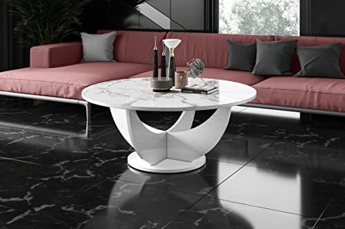 designimpex Design Couchtisch HRC-111 Hochglanz Wohnzimmertisch Highgloss Rund Tisch ?100 cm x 40 cm, Farbe:Marmor Natur Hochglanz - Weiß Hochglanz