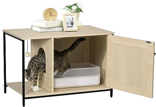 PawHut Armoire à Litière pour Chat, Maison avec Porte Magnétique, Grotte avec Balle de Jeu, Table d'Appoint, Design Surélevé, Chêne, 80 x 48 x 55 cm
