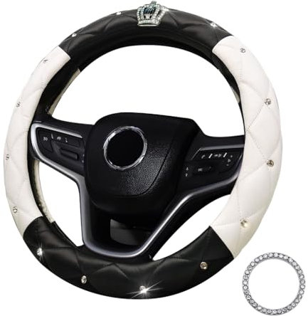 coofig Lenkradbezug Glitzer Universal Lenkradhülle Leder Universal 38cm/15 Inch Strass Lenkrad Bezug Atmungsaktive Steering Wheel Cover Auto Zubehör Innenraum Frauen (Schwarz Weiß)
