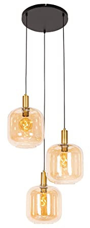 Qazqa - Design Design-Hängelampe I Pendellampe I Pendelleuchte schwarz mit Messing und braunem Glas 3-flammig Lichter - Zuzanna I Wohnzimmer I Schlafzimmer - Rund - LED geeignet E27