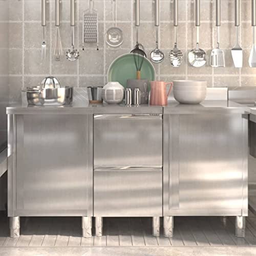 Hommdiy Gastro-Küchenschränke 3 STK.Schränke + Schrank mit 2 Schubladen Edelstahl mit Aufkantung Edelstahlschrank Arbeitsschrank Arbeitstisch Schrank Gastronomie Lagerschrank