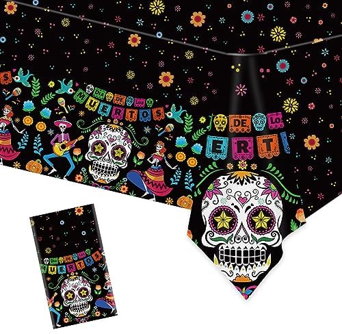 DPKOW Totenkopf Tischdecke Tag der Toten Dekorationen Dia De Los Muertos Tischdecken Tischtuch Halloween Tag der Toten Tischdekoration Dia De Los Muertos Mexikanische Party, 9 x 4,5 Fuß Kunststoff