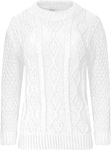 AJFASHION Women Jumpers New Ladies Long Sleeve Chunky Cable Knitted Jumper Crew Neck Winter Sweater Top UK Size 8-22 White