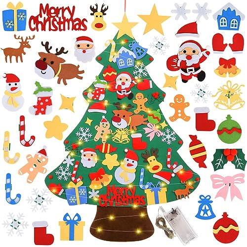 Herenear Árbol de Navidad de Fieltro, DIY Árbol de Navidad para Niños con Luces LED, 42pcs Ornamentos Desmontables Adornos Navidad Decoración, Colgante de Navidad del Fieltro para Pared Casa
