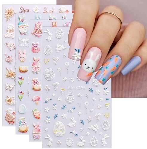 JMEOWIO 3D Nagelsticker Ostern Nail Art Sticker Selbstklebend Nagelaufkleber 5D Stereoskopisch Süßer Hase Ei Dekoration Nageldesign Zubehör 4 Blatt