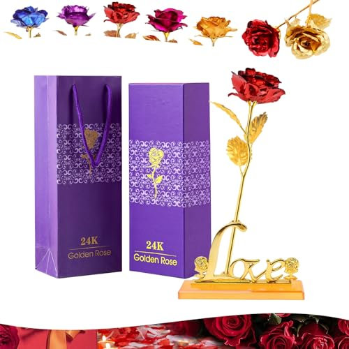 Forever Rose 24K Red Galaxy Rose with Love Base - Valentines Day & Birthday Gifts for Her, Women, Mothers Day & Anniversary