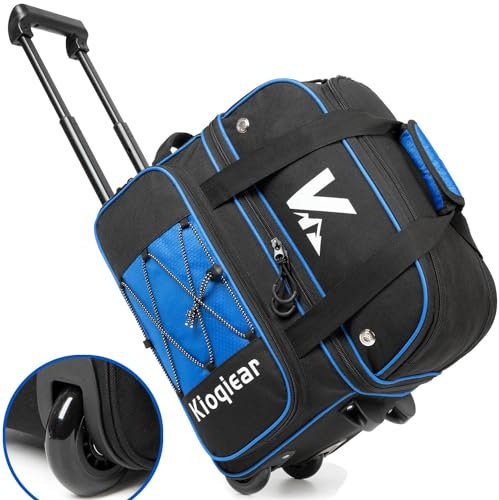 Kioqiear Double Roller 2 Ball Bowling Bag with Large Separate Shoe Compartment and Oversized Accessory Pocket, 36 Extendable Handle. (BLUE)