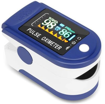 Pulsioxímetro Profesional, Oxímetro de Dedo Digital con Pantalla LED para Medición de SpO2, Medidor del Nivel de Oxígeno en Sangre con Lectura Instantánea y Saturación de Oxígeno (Blanco y Azul)
