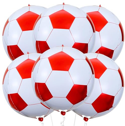 VIKY 6 Stück Fußball Luftballons Geburtstag,22 Zoll 4D Fussball Luftballon Rot Weiß,Fußball Deko Folienballon,Fussball Deko Geburtstag Kinder,Fußball Luftballon für WM Party Deko,Kindergeburtstag Deko