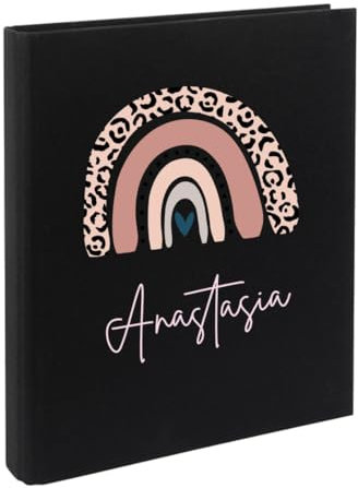 minimutz Zeugnismappe Kinder mit Name personalisiert - Dokumentenmappe Regenbogen rosa für Mädchen - Zeugnisordner Leinen zum Einsortieren (schwarz)