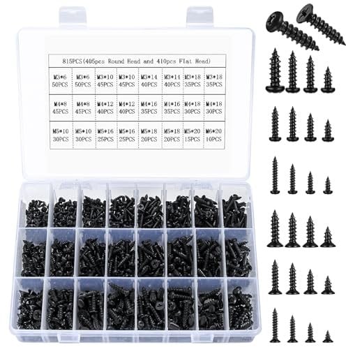 815 Pcs M3 M4 M5 Self-Tapping Wood Screw Assortment Set, Metric carbon steel Cross Head Drilling Screws, Flat Head Screws for Sheet Metal (405 x Round Head, 410 x Flat Head)(815 black)