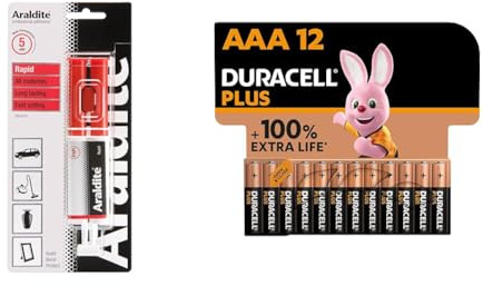 Araldite 2-Part Rapid Epoxy Syringe, 24ml. Strong, Fast Setting Glue & Solvent-Free & Duracell Plus AAA Batteries (12 Pack) - Alkaline 1.5V - Up To 100% Extra Life - Reliability For Everyday Devices