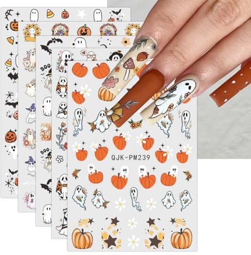 JMEOWIO 9 Sheets Halloween Nail Art Stickers Decals Self-Adhesive Cute Ghost White Flower Pumpkin Nail Supplies Nail Art Design Decoration Accessories