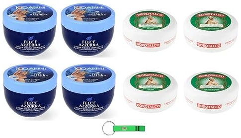 Testpaket 4x Borotalco Samtige Creme 150ml + 4x PAGLIERI Felce Azzurra Creme Körpercreme 250ml - Glatte und Samtige Haut + Beni Culinari Kostenloser Schlüsselanhänger