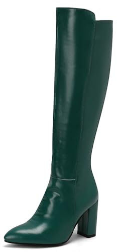 Roimaash Donna's Knee-Stivali Alti Block Heels Per Donne Wide Calf Appuntito Stivali Al Ginocchio Elegant Lavoro Dressy Stivali Festa Heels Stivali Riding Zip Green Size 45