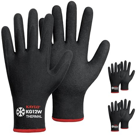 KAYGO Thermo Arbeitshandschuhe Nitril beschichtet, 3 Paar Gefüttert Warm Arbeitshandschuhe mit Grip für Herren Damen Kühlhaus Winter Arbeit Bau Lager Auto Garten DIY, KG12W (Schwarz, S, Gr 7)