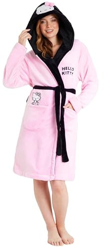 Hello Kitty Peignoir Polaire Femme avec Capuche, Robe de Chambre Douillette - Cadeau Femme (Rose/Noir, XL)