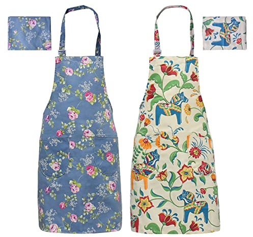 2 Stück Verstellbare Kochschürze Damen, Baumwolle Leinen Schürze mit Großen Taschen Florale Latzschürze für Kochen Backen Gartenarbeit & Café Schöne Schürze mit Nackenriemen Chef Aprons für Unisex
