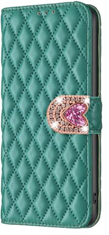 Portefeuille Flip Case pour Tecno Spark 10 4G,Coque en Cuir Etui Flip à Rabat Clapet Glitter Paillette Amour Boucle Cover Housse Antichoc Cuir Motif en Losange PU Housse - Vert
