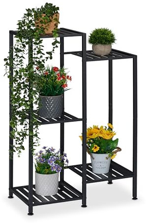 Relaxdays Estantería para Plantas de Metal, 5 Baldas, Flores y Macetas, Escalera Maceteros, 81 x 55 x 28,5 cm, Negro, Acero, Hierro