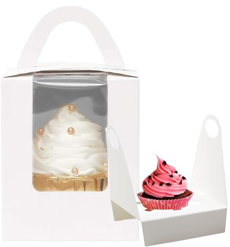 Pubiao 20 Pcs Single Cupcake Boxes 1 Holes with Clear Window Individual Cupcake Carrier with Handle Box For Weddings, Birthday Parties Cookies, Party Favors