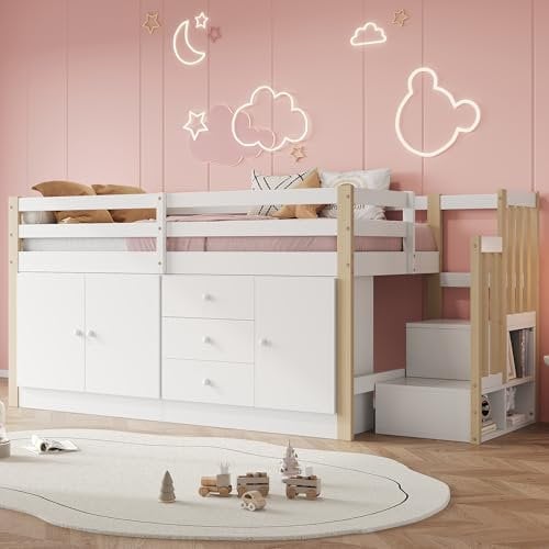 Merax Hochbett 90x200cm, Kinderbett mit Schrank und Treppe, Etagenbett mit Großer Stauraum, für Jungen, Mädchen, Weiß und Holzfarbe (Ohne Matratze)