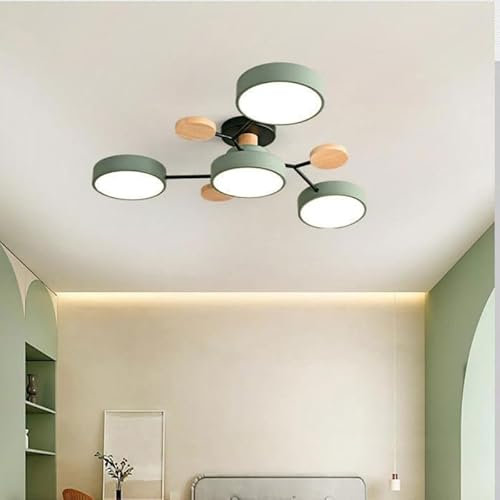ELINKUME LED Deckenleuchte Schlafzimmer,4-Kopf Deckenlampe Wohnzimmer mit 3 Farbigen Temperaturen,48W Kreativ Lampe Decke Holz,Moderne Dekorative Deckenbeleuchtung(Grün)