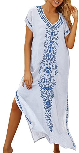 Tunique Femme Longue Marocaine - Brodé Floral Spacieux Caftan Boho Plage Bikini Couvrir Jusqu’à La Robe Grande Taille pour Les