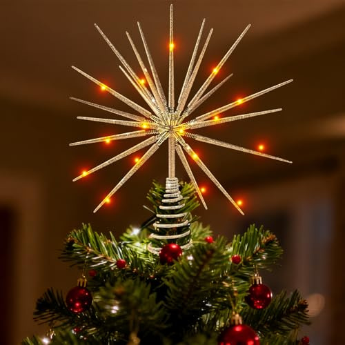 Weihnachtsbaumspitzen Stern mit 20 LED Christbaumspitze Stern Weihnachtsbaumschmuck Sternenstrahl Cluster Weihnachtsbaumstern Spitze Weihnachtsbaum Spitze (Gold)