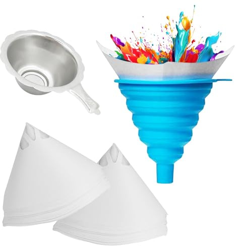 102Pcs Disposable Paint Filter Kit,100 Strainers with Funnel & Colander | Ultra-fine 100 micron nylon mesh removes fine impurities. Disposable cone filters matched with foldable funnel and colander