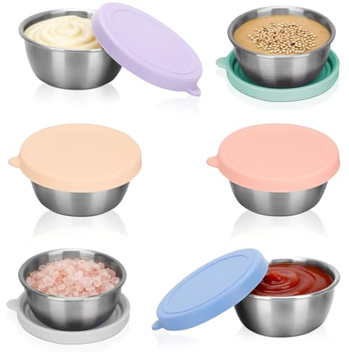Romon Mini Pots a Sauce avec Couvercles, 6 Pièces 50ml Mini Récipient Vinaigrette en Acier Inoxydable 304, Couvercles en Silicone Colorés, Pot Confiture pour Pique-nique et Lunch, Idéal pour Salade