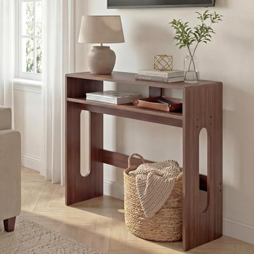 Manora Walnut Console Table - Farmhouse Narrow Hallway Table | Farmhouse Narrow Hallway Table with Storage, Behind Sofa Table for Entryway & Living Room