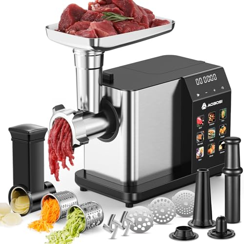AAOBOSI 3000W Max Electric Meat Grinder, 9 Preset Modes & 9 Speeds, Non-Clogging Technology with Vegetable & Cheese Grater Kit, Sausage & Kubbe Maker, Built-in Storage for Home Kitchen Use