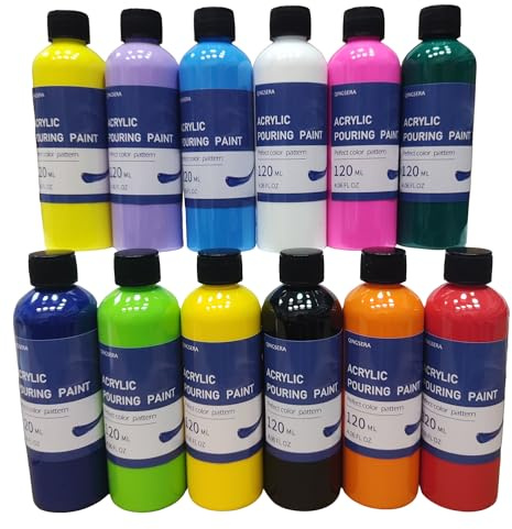 Qingsera Acrylfarben-Set, 12 Farben (120 ml), vorgemischt, hoher Durchfluss, bereit zum Gießen, lebendige Farben für verschiedene Oberflächen, Leinwand, Holz, Steine, Gips, reichhaltige Pigmente