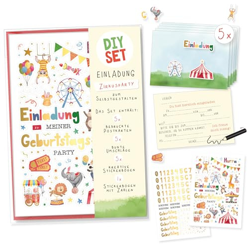 Skorpion Einladungskarten Kindergeburtstag Zirkus | 5 Geburtstagskarten zum Selbstgestalten inkl. Umschläge & Sticker | Geburtstagseinladungen Mädchen Junge | Basteln DIY Kinderparty Einladung
