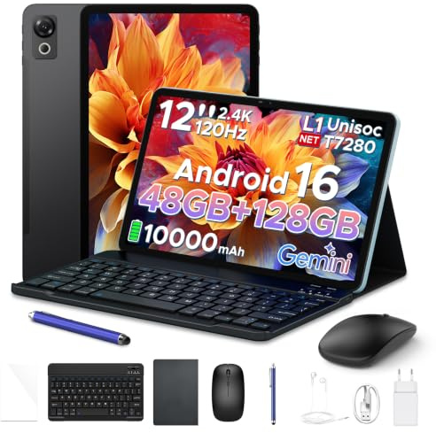 P12 Tablet Android 16, Tablet 12 pulgadas, 48GB RAM+128GB ROM/2 TB TF, IPS 2,4K, Pantalla 120 Hz, 10000mAh/18W, T7280 Octa-core, 8MP+13MP, WiFi 5G, Gemini AI, Face ID, GPS, Tableta con Teclado, Negro
