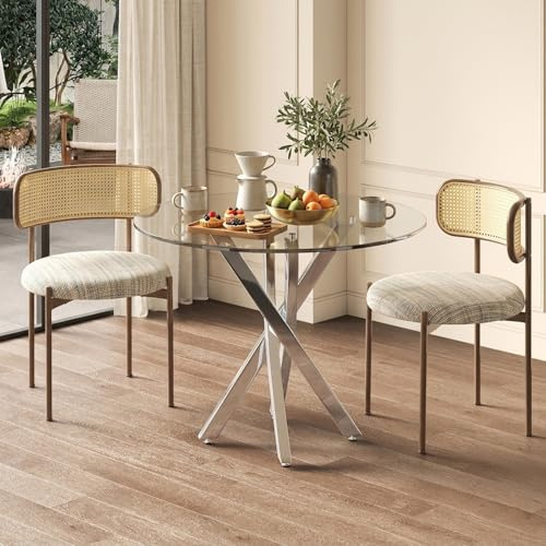 Aislinglen Kleiner Runder Esstisch Glas, Glastisch Rund 80 cm Wohnzimmer, Esszimmertisch für 2-4 Personen, Speisetisch für Küche, Esszimmer, Wohnzimmer und Büro (Silber, Rund-Kreuzförmig)