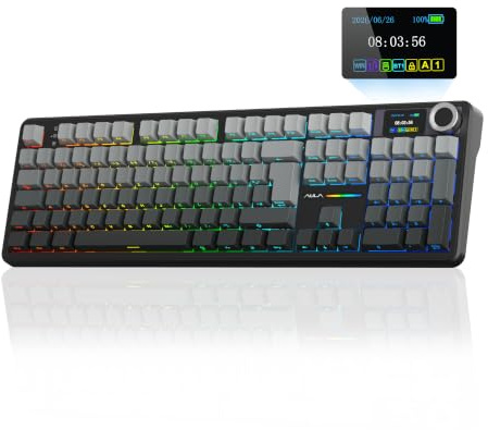 AULA F108 Pro Mechanische Tastatur QWERTZ,3-Modus(Kabel/2,4G/Bluetooth),Gasket-Struktur,Hot-Swap-fähig,LCD-Display & Drehknopf,RGB,8000mAh,100% deutsches Vollformat-für PC,Mac&Tablet (Grau)