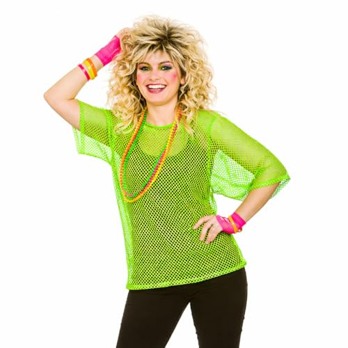 Wicked Costumes Adult Unisex 80s Mesh Top Fancy Dress – Neon Green Fishnet Shirt Retro Disco Party Festival Outfit- One Size (UK 6-10)