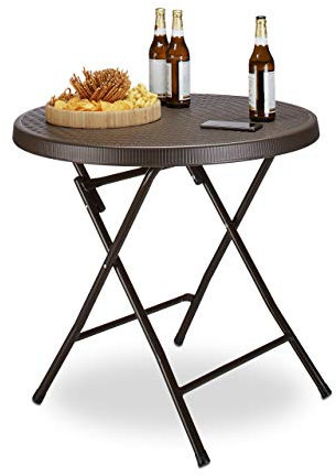Relaxdays Gartentisch klappbar BASTIAN, rund, H x B x T: 74 x 80 x 80 cm, Metall, Kunststoff, Rattan-Optik, braun