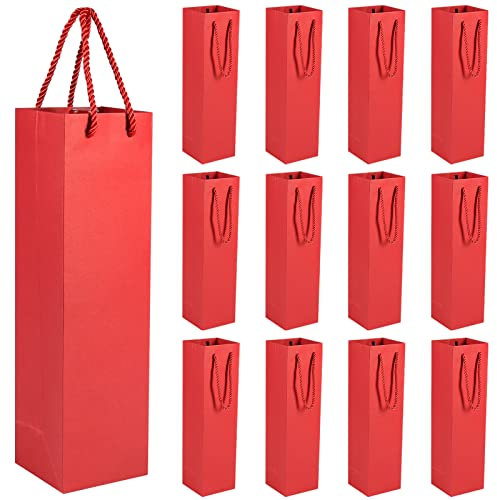 HRX Package Kraft Wine Tote Bags for Single Bottle, 12PCS Sturdy Paper Wine Gift Bags with Handles for Christmas, Party, Shopping, Retail Merchandise (Red)