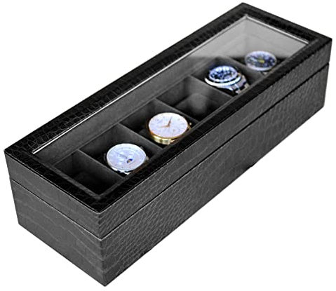 CASE ELEGANCE Uhrenschatulle in Elegantem, Schwarzem, Kunst-Krokodilleder mit Echtem Glas