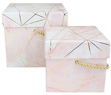 emartbuy Set von 2 Starrer Geschenkbox, Rosa Marmordruck Mit Goldenen Origami Linien