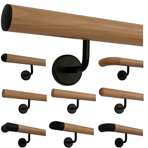 TIBU Buche Holz Handlauf Geländer 30-500cm im Set schwarze Halter Wandhandlauf Wand Treppe, Länge 100 cm mit 2 Halter Enden leicht gewölbte schwarze Kappen