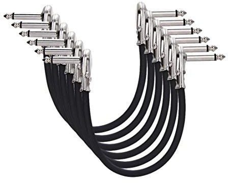 Amazon Basics Auxiliar Cable de Parche de Guitarra para Pedales de Efectos, Micrófonos Mesas de Mezclas, Amplificadores Conector Angular de 6,35 mm, Bloquea Interferencias, Paquete de 6, 15 cm, Negro