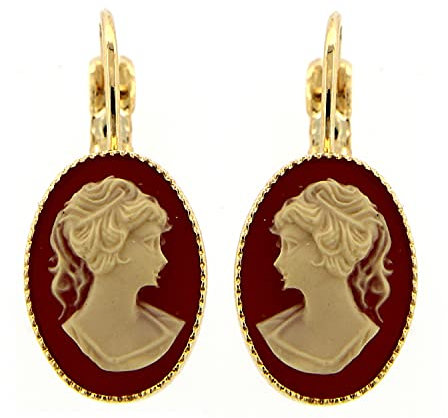 Vintage Ohrringe - aus Messing mit 24KT Gold - Handgefertigt in der Toskana, Made in Italy - zwei zentrale korallenfarbene Kameen