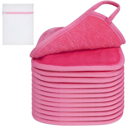 KODAMO Makeup Remover Cloth, Reusable Makeup Remover Pads Washable Travel Bag, Microfiber Makeup Removal Face Wash Cloths with Just Water, Gentle Soft,12 Pack, Pink