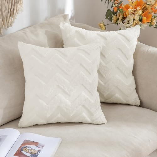 MIULEE 2er Set Wolle Kissenbezüge Sofakissen Dekokissen Welle Polyster Kissenbezüge Couchkissen Weich Kissenbezug Zierkissenbezug Versteckter Reißverschluss Wohnzimmer 40x40cm Cremeweiß