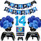 Vubkkty 14th Birthday Decorations for Boys, Gaming Party Decorations Supplies Set, Controller Balloons and Blue Black Balloons, HAPPY BIRTHDAY GAME ON WELCOME Hanging Banner for Boys